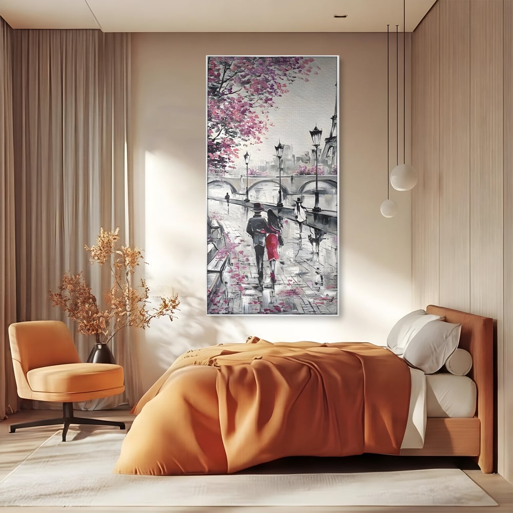 Tablou canvas cu pictura cu cuplu in paris, in rama de aluminiu argintiu, pe perete intr-un dormitor